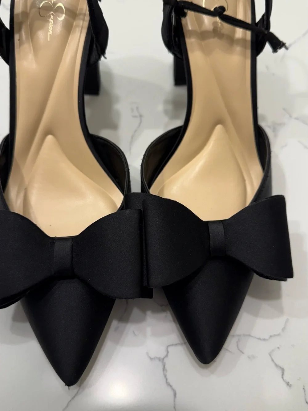 Jessica Simpson Olivine Pointed-Toe Slingback Heels with Bow Black Satin size 10